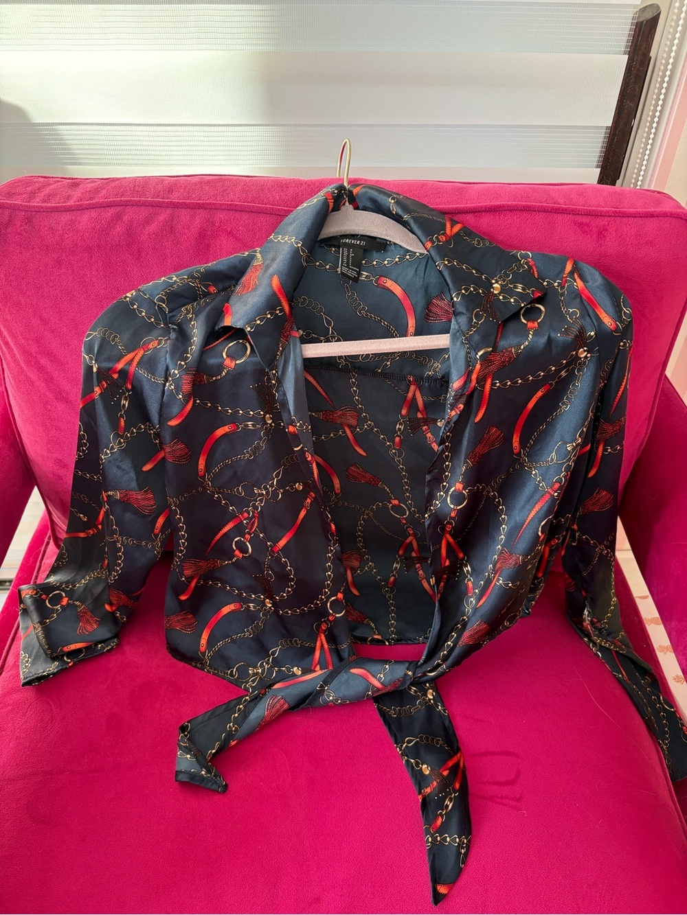 Navy Blue tie top with red and gold chain print S